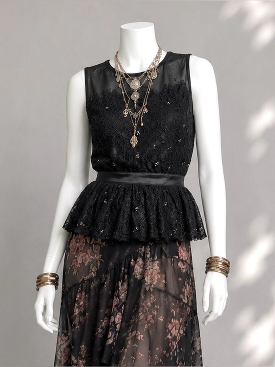 Anthropologie Tops - Anthropologie Meadow Rue Top XS Black Lace Beaded Sleeveless Peplum Tank